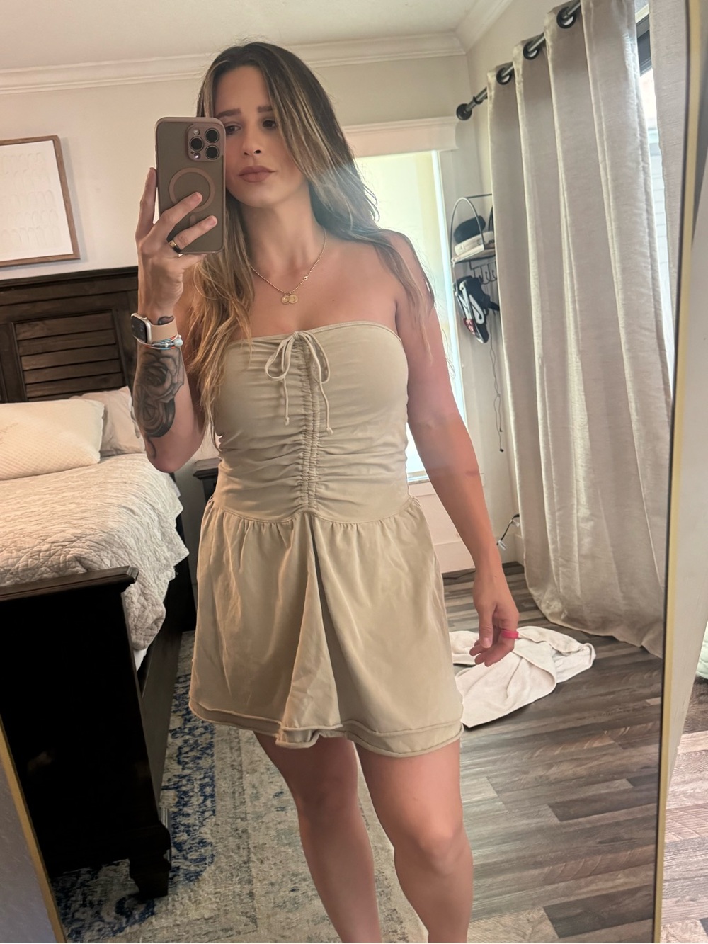 Aerie OG Strapless Ruched Beige Mini Dress